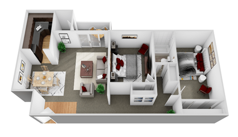 2 Bedroom 1 Bath Long 3D Floor Plan